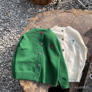 New Korean childrens clothing girls sweater spring 2023 Western style Korean round neck childrens baby knitted green cardigan coat X7JX