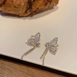 S925 Silver Needle Korean version Super Immortal Butterfly Zircon Water drill tassel earrings asymmetric earrings Minority Silver Needle Wholesale Women