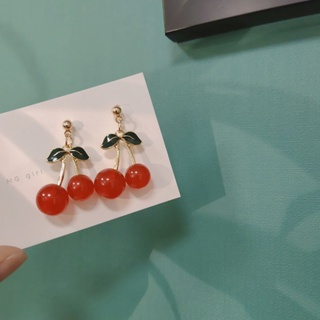 S925 silver needle Korean version cherry fruit earrings double-leaf red temperament earrings simple girls lovely earrings wholesale