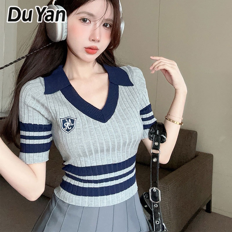 du-yan-เสื้อยืดโปโล-แขนสั้น-พิมพ์ลาย-สไตล์เกาหลี-ฤดูร้อน-เข้ารูป-ขนาดใหญ่-สําหรับผู้หญิง