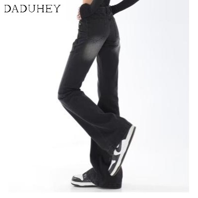daduhey-american-style-retro-black-gray-slighly-flared-jeans-womens-high-waist-slimming-pants-washed-casual-mop-bootcut-pants