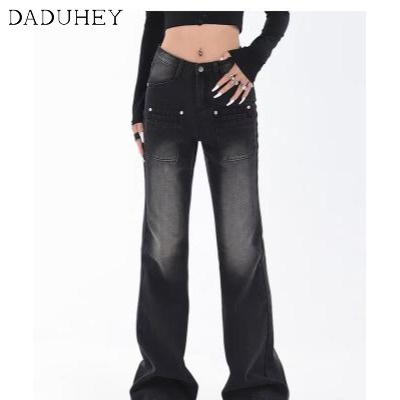 daduhey-american-style-retro-black-gray-slighly-flared-jeans-womens-high-waist-slimming-pants-washed-casual-mop-bootcut-pants