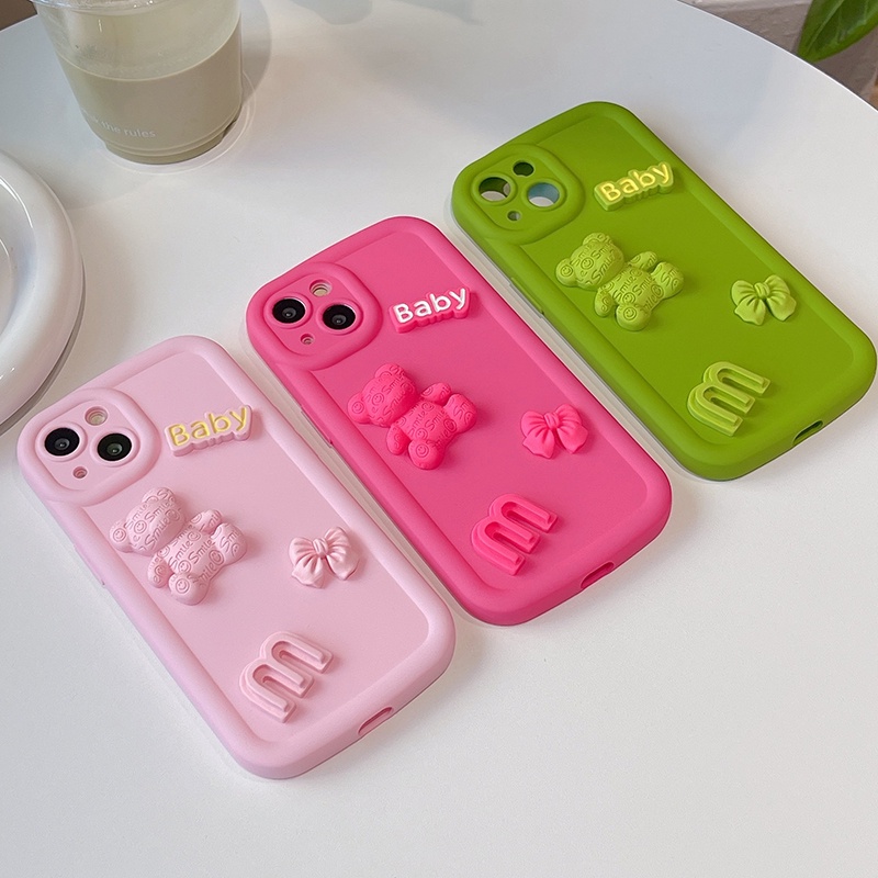 เคสโทรศัพท์มือถือ-แบบนิ่ม-ป้องกันกล้อง-กันกระแทก-ลายหมี-สีชมพู-สีแดง-สีเขียว-สําหรับ-iphone-14-13-12-11-pro-max-xr-ix