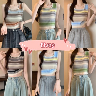 Elves✨พร้อมส่ง✨ เสื้อกล้ามสายใหญ่ไหมพรม สีพาสเทลลายทาง ~87021~-C