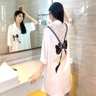 ชุดนอน ผ้าชีฟอง แบบบาง ประดับโบว์ แต่งลูกไม้ ขนาดใหญ่ สวมใส่สบาย