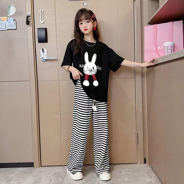 girls-summer-cotton-set-two-piece-explosions-princess-style-short-sleeved-striped-wide-leg-pants-2023-summer-fashion