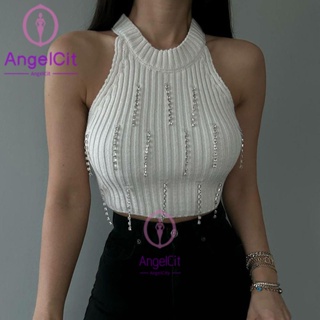 Angelcity※yy23112 ขายดี เสื้อแขนกุด คอกลม ผ้าถัก ประดับมุก เข้ากับทุกการแต่งกาย แฟชั่นฤดูร้อน สําหรับผู้หญิง 2023