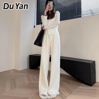 Du Yan กางเกงขากว้างลําลอง ผ้าถัก เอวสูง ทรงตรง ขนาดเล็ก แฟชั่นฤดูร้อน สําหรับสตรี