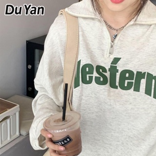 Du Yan เสื้อแจ็กเก็ตกันหนาว คอปกโปโล ทรงหลวม แต่งซิป พิมพ์ลาย สีเทาอ่อน สําหรับผู้หญิง