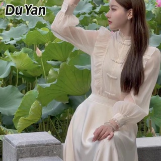 Du Yan ใหม่ เสื้อท็อปส์ แต่งกระดุม จับจีบ สไตล์จีน สําหรับผู้หญิง