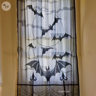 ผ้าม่าน ลายแมงมุม ค้างคาว แมงมุม ลูกไม้ สีดํา สําหรับตกแต่งประตู หน้าต่าง เทศกาลฮาโลวีน