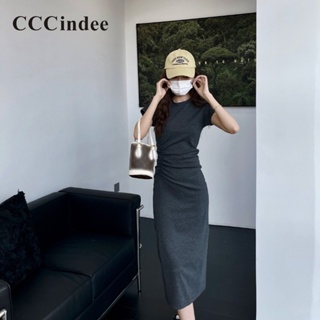 Cccindee ชุดเดรส คอกลม แขนสั้น สีพื้น เข้ารูป เข้ากับทุกการแต่งกาย แฟชั่นสําหรับผู้หญิง 2023