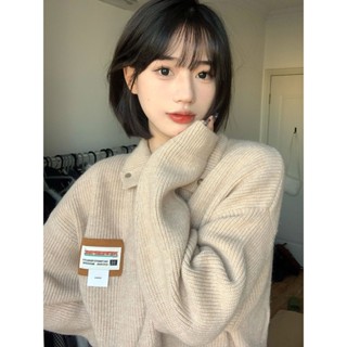 ❤️【สินค้าพร้อม】❤️ เสื้อกันหนาว คอปกโปโล แบบหนา ทรงหลวม สไตล์อเมริกัน เรโทร แฟชั่นฤดูใบไม้ร่วง และฤดูหนาว สําหรับผู้หญิง
