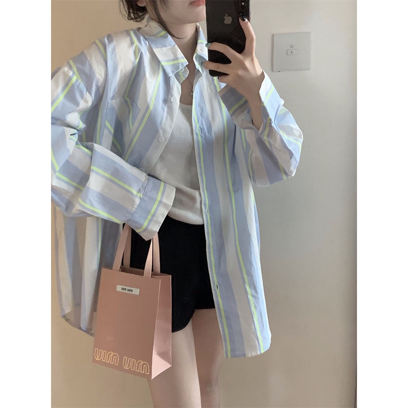 เสื้อคาร์ดิแกนแขนยาว-ป้องกันแดด-ความยาวปานกลาง-ทรงหลวม-ลายทาง-ระดับไฮเอนด์-แฟชั่นฤดูใบไม้ร่วง-สําหรับผู้หญิง