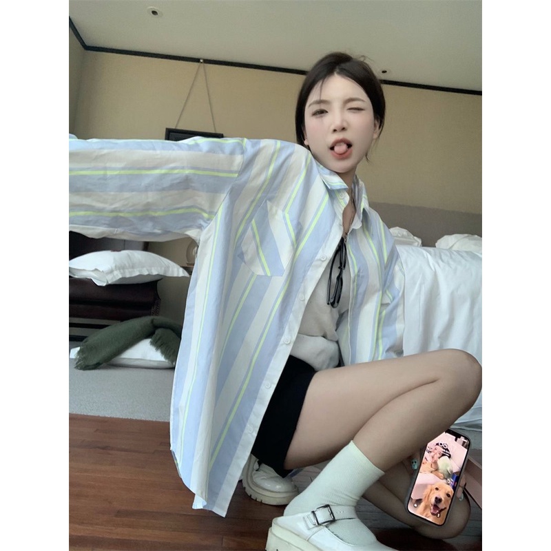 เสื้อคาร์ดิแกนแขนยาว-ป้องกันแดด-ความยาวปานกลาง-ทรงหลวม-ลายทาง-ระดับไฮเอนด์-แฟชั่นฤดูใบไม้ร่วง-สําหรับผู้หญิง