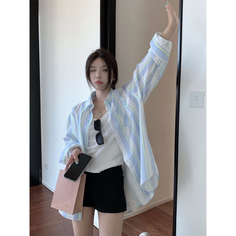 เสื้อคาร์ดิแกนแขนยาว-ป้องกันแดด-ความยาวปานกลาง-ทรงหลวม-ลายทาง-ระดับไฮเอนด์-แฟชั่นฤดูใบไม้ร่วง-สําหรับผู้หญิง