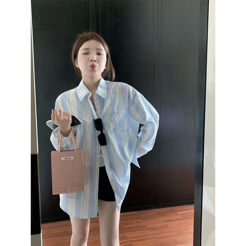 เสื้อคาร์ดิแกนแขนยาว-ป้องกันแดด-ความยาวปานกลาง-ทรงหลวม-ลายทาง-ระดับไฮเอนด์-แฟชั่นฤดูใบไม้ร่วง-สําหรับผู้หญิง