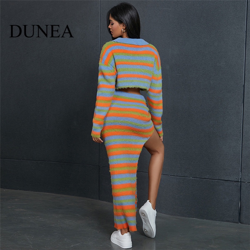 dunea-ชุดเสื้อท็อป-กระโปรงยาว-เอวสูง-ผ้าถัก-ลายทาง-ผ่าข้าง-สําหรับผู้หญิง