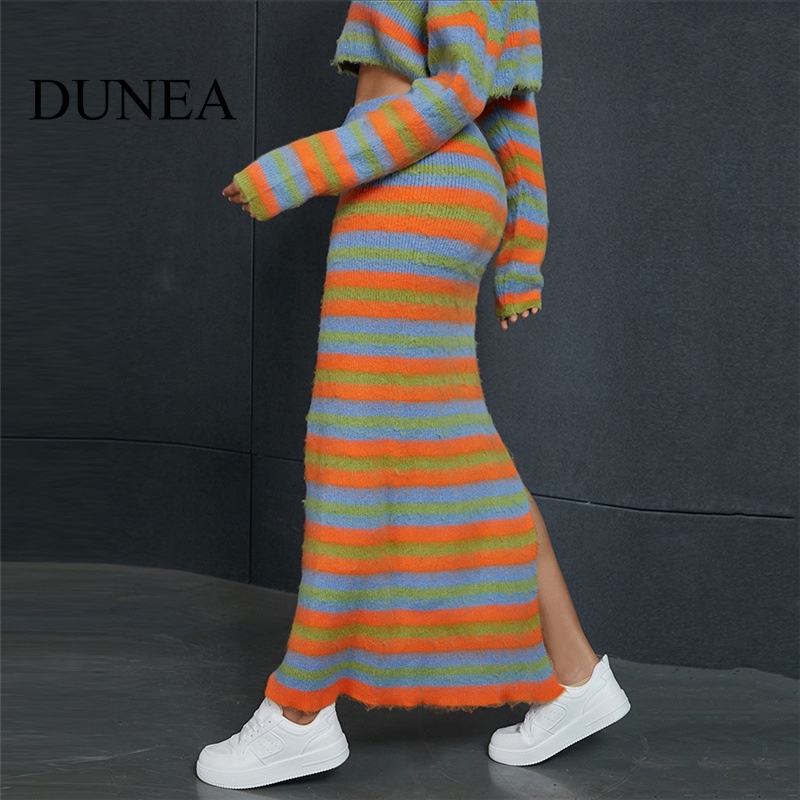 dunea-ชุดเสื้อท็อป-กระโปรงยาว-เอวสูง-ผ้าถัก-ลายทาง-ผ่าข้าง-สําหรับผู้หญิง