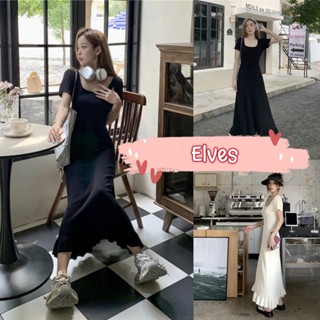 Elves✨พร้อมส่ง✨  ชุดเดรสไหมพรมแขนสั้น ทรงยาวปลายกระโปรงพิ้วๆ~9A129~ -C