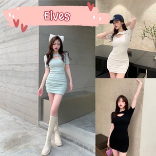 Elves✨พร้อมส่ง✨  ชุดเดรสไหมพรมสีพื้น แขนสั้น เว้าเล็กน้อยตรงหน้าอก ~M1923~ -C