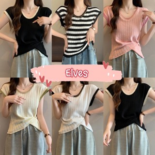 Elves✨พร้อมส่ง✨ เสื้อแขนกุดไหมพรมสีพื้น คอกลมผ้าร่อง ~59008~ -C