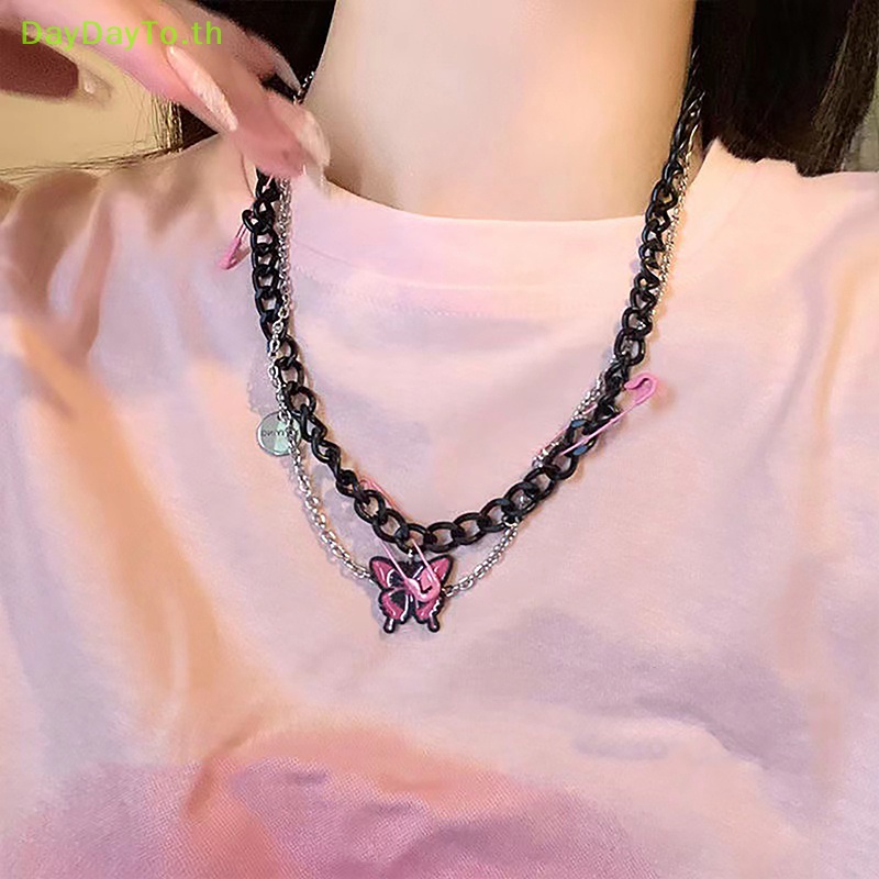 daydayto-y2k-สร้อยคอโซ่-จี้ผีเสื้อ-สีดํา-สีชมพู-เครื่องประดับแฟชั่น-สําหรับผู้หญิง