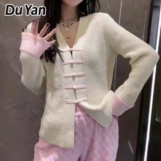 Du Yan เสื้อกันหนาว คอวี แต่งหัวเข็มขัด สไตล์จีนตะวันตก สําหรับผู้หญิง