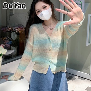 Du Yan เสื้อคาร์ดิแกนถัก แขนยาว คอวี สีตัดกัน สไตล์วินเทจ สําหรับผู้หญิง