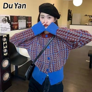 Du Yan เสื้อคาร์ดิแกนถัก แขนยาว คอวี สีตัดกัน สไตล์วินเทจ สําหรับผู้หญิง