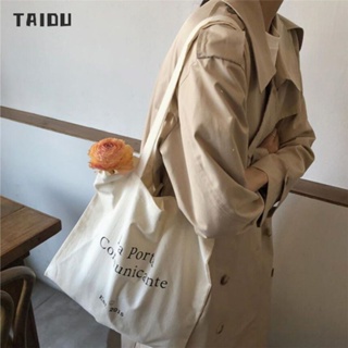 Taidu กระเป๋าสะพายไหล่ กระเป๋าช้อปปิ้ง ผ้าแคนวาส พิมพ์ลายตัวอักษร หน้ายิ้ม สีฟ้า เรียบง่าย สไตล์เกาหลี
