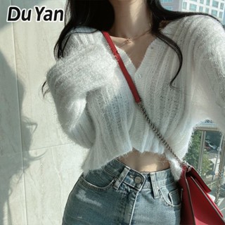 Du Yan เสื้อคาร์ดิแกนถัก แขนยาว คอวี สีพื้น สไตล์วินเทจ สําหรับผู้หญิง