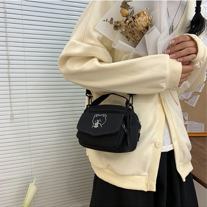 กระเป๋าสะพายไหล่-ผ้าแคนวาส-ทรงสี่เหลี่ยม-ขนาดเล็ก-พิมพ์ลายการ์ตูนหมีน่ารัก-สไตล์ญี่ปุ่น-สําหรับผู้หญิง-และนักเรียน