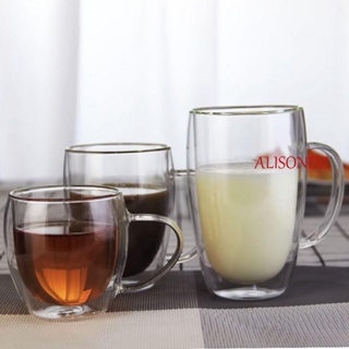 Alisondz แก้วฉนวนกันความร้อน นํากลับมาใช้ใหม่ได้ สําหรับเครื่องดื่มร้อน คาปูชิโน่ ลาเต้ อาหารเช้า ห้องครัว เครื่องดื่ม พร้อมที่จับ แก้วชา