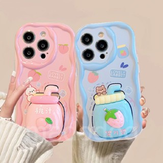 Soft Casing Samsung Galaxy S23 Ultra S22 Plus S21 S20 FE 5G A11 A50 A30S A50S A10S A20S A20 A30 A31 A51 A71 4G A21S A02S A03S M11 Cream Edge Fine Hole Cute Cartoon Couple Rabbit Bear Peach Strawberry Airbag Shockproof Phone Case + Stand 1NY 45