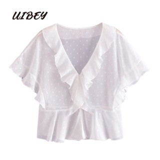 Uibey เสื้อเชิ้ตแฟชั่น คอวี แต่งระบาย 67935