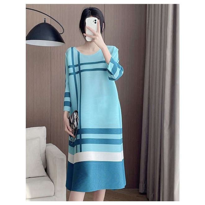 miyake-ชุดเดรสกระโปรงพลีท-แขนสามส่วน-พิมพ์ลาย-ทรงหลวม-ลายทาง-เหมาะกับฤดูร้อน-สําหรับสตรี-2023