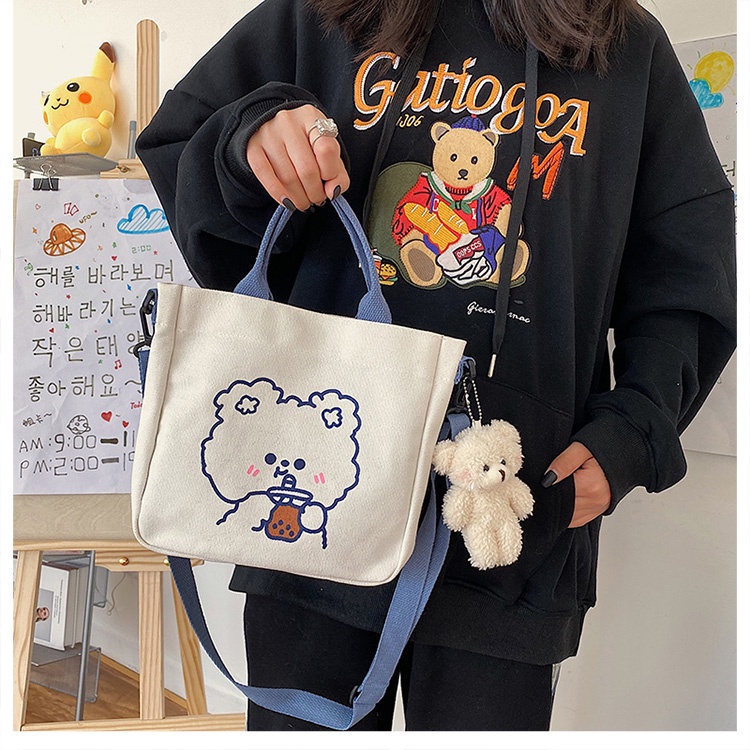 กระเป๋าช้อปปิ้ง-ผ้าแคนวาส-ขนาดเล็ก-แบบพกพา-พิมพ์ลายการ์ตูนหมี-กระต่ายน่ารัก-สําหรับนักเรียนหญิง