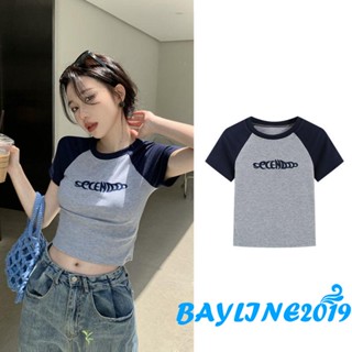 Bay- เสื้อครอปแขนสั้น คอกลม พิมพ์ลายตัวอักษร สีตัดกัน แฟชั่นฤดูร้อน สําหรับผู้หญิง YK2