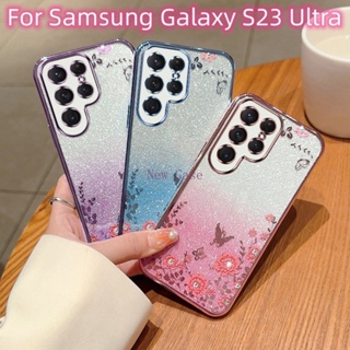เคสโทรศัพท์มือถือแบบนิ่ม TPU กันกระแทก ลายดอกไม้ กลิตเตอร์ ไล่โทนสี ระยิบระยับ เรียบง่าย สําหรับ Samsung Galaxy S23 s22 Plus Ultra S23Ultra GalaxyS23Ultra 5G 2023
