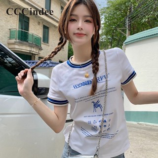 Cccindee ใหม่ เสื้อยืดลําลอง แขนสั้น คอกลม เข้ารูป สีตัดกัน แฟชั่นสําหรับสตรี 2023