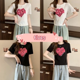 Elves✨พร้อมส่ง✨ เสื้อครอปไหมพรมแขนสั้น ทรงหลวมคอกลม ลายหัวใจ ~Y1601~ -C