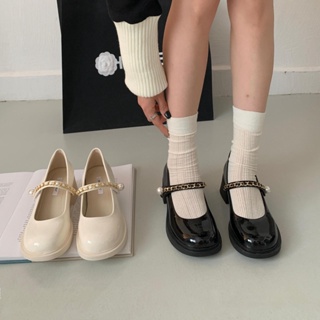 รองเท้าแมรี่เจน ส้นสูง ส้นหนา ประดับไข่มุก ขนาดเล็ก สไตล์ญี่ปุ่น สําหรับผู้หญิง 2023