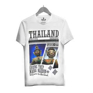 เสื้อยืดผ้าฝ้าย 2023 เสื้อยืดราคาถูก สีขาวคอกลม ลายไทย หน้ายักษ์ Thailand m137