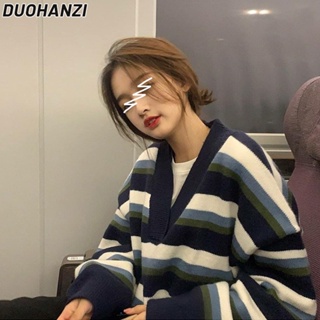 Duohanzi เสื้อกันหนาว คอวี ลายทาง สีฟ้า สไตล์เกาหลี สําหรับผู้หญิง