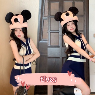 Elves✨พร้อมส่ง✨ เสื้อกล้ามไหมพรม คอปกทหารเรือลายแถบ ~56128/BK115~ -C