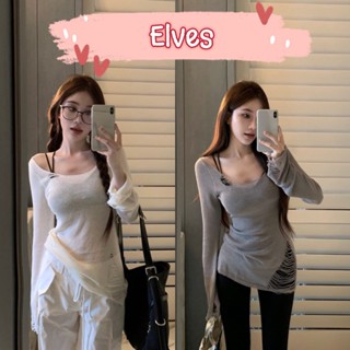 Elves✨พร้อมส่ง✨ เสื้อแขนยาวซีทรูบางๆ ดีเทลรอยขาดๆ ~44172~ -C