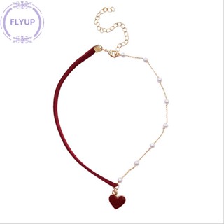 Flyup สร้อยคอโช้คเกอร์ จี้รูปหัวใจ ประดับมุก สีแดง เครื่องประดับแฟชั่นสตรี
