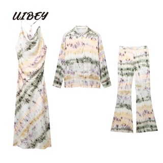 Uibey เสื้อเชิ้ตแฟชั่น คอปก พิมพ์ลายมัดย้อม + ชุดเดรส 8956