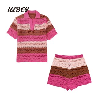 Uibey เสื้อถัก คอปก แขนสั้น แฟชั่น + กางเกงขาสั้น 3935